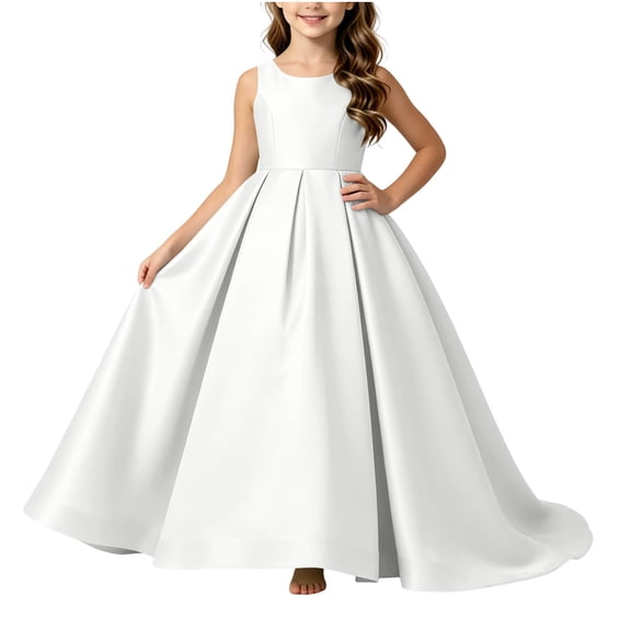 Girls Floor Length Princess Dresses,Cozy Satin Sleeveless Maxi A Line Solid Color Gown for Pageant Wedding Flower Girl Birthday Party Ceremony White 9-10 Years