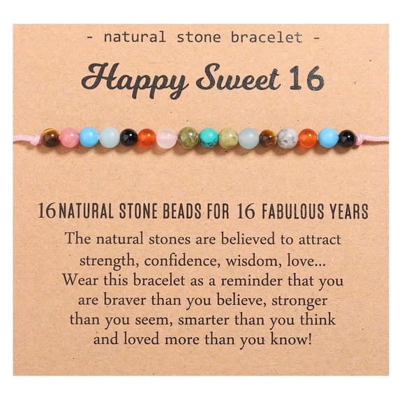 Happy Sweet 16 Multicolor Beaded Bracelet with Pink Cord and Inspirational Message Card, 16 Beads for 16 Years, 16th Birthday Gift for Teen Girl