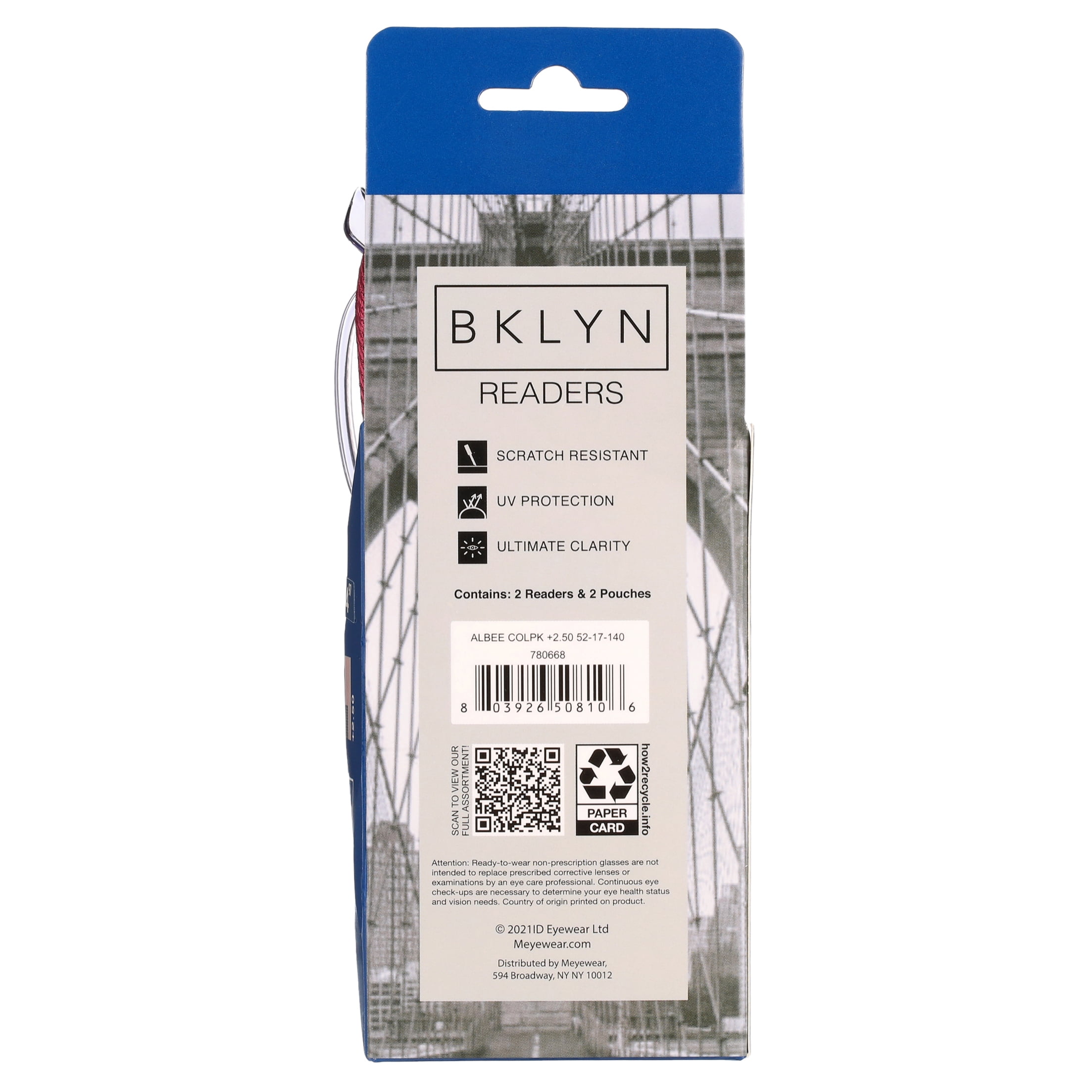 Bklyn, Albee +2.50, Adult, Womens, Plastic Reading Glasses & Pouches Value Pack , 2 Ea