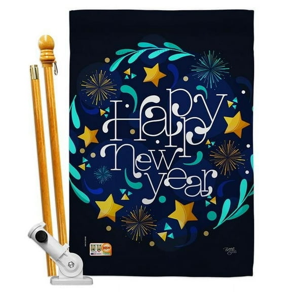 Breeze Decor BD-NE-HS-116013-IP-BO-D-US18-BD 28 x 40 in. New Year Vibes Winter Impressions Decorative Vertical Double Sided House Flag Set & Pole Bracket Hardware