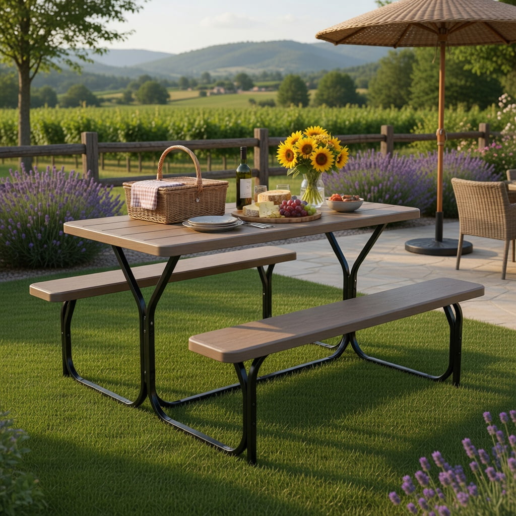 Hommoo HDPE Outdoor Picnic Table and Bench Set with Powder-Coated Steel Frame, Weather-Resistant, Easy-Assembly Backyard Dining Set, Coffee