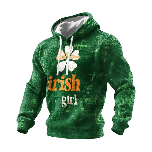Ceisia Men's St. Patrick's Day Graphic Hoodie Casual Pullover | Distressed Dye "Irish Girl" Clover Print Dark Green Relaxed Hooded Top Gifts