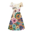 thumbnail image 2 of SCRAWLGOD Flowers Dragonfly Dress for Women Casual Summer Midi Dress with Sleeves Breathable One-Piece Dress for Women Summer Wide Neck Midi Skater Dress Size M for Picnic, 2 of 7