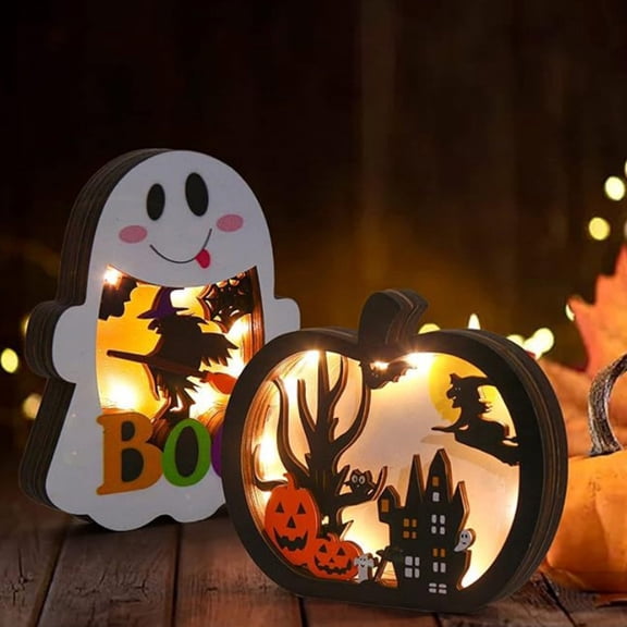 Halloween Wooden Pumpkin Tabletop Decor with LED Lights, Spooky Glowing Carved Wood Figurine Ornament for Haunted House Party Room Mantel Shelf Entryway Fall Home Accent