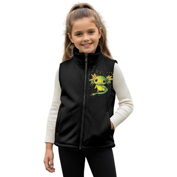 chaqlin Green Axolotl Fleece Vest Kids Girls Full Zip Vest Jackets Trendy Y2K Sleeveless Outerwear Kids Stand Collar Vests Coat with Pockets