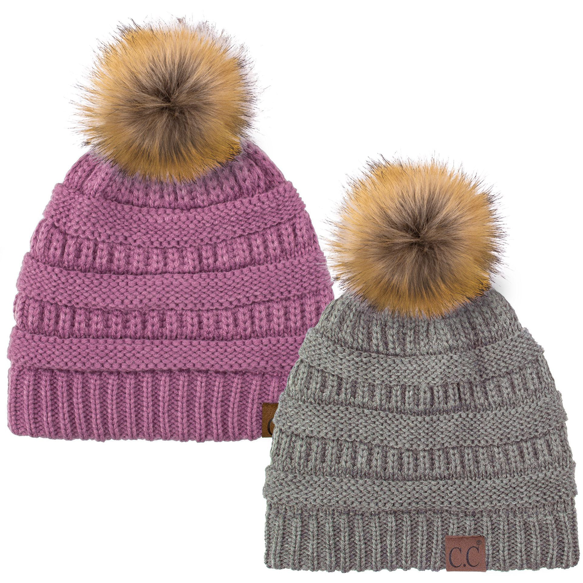Women Beanie Ribbed Winter Soft  Knit Hat Warm Skullies Ski Cap Faux Fur Pom Pom 