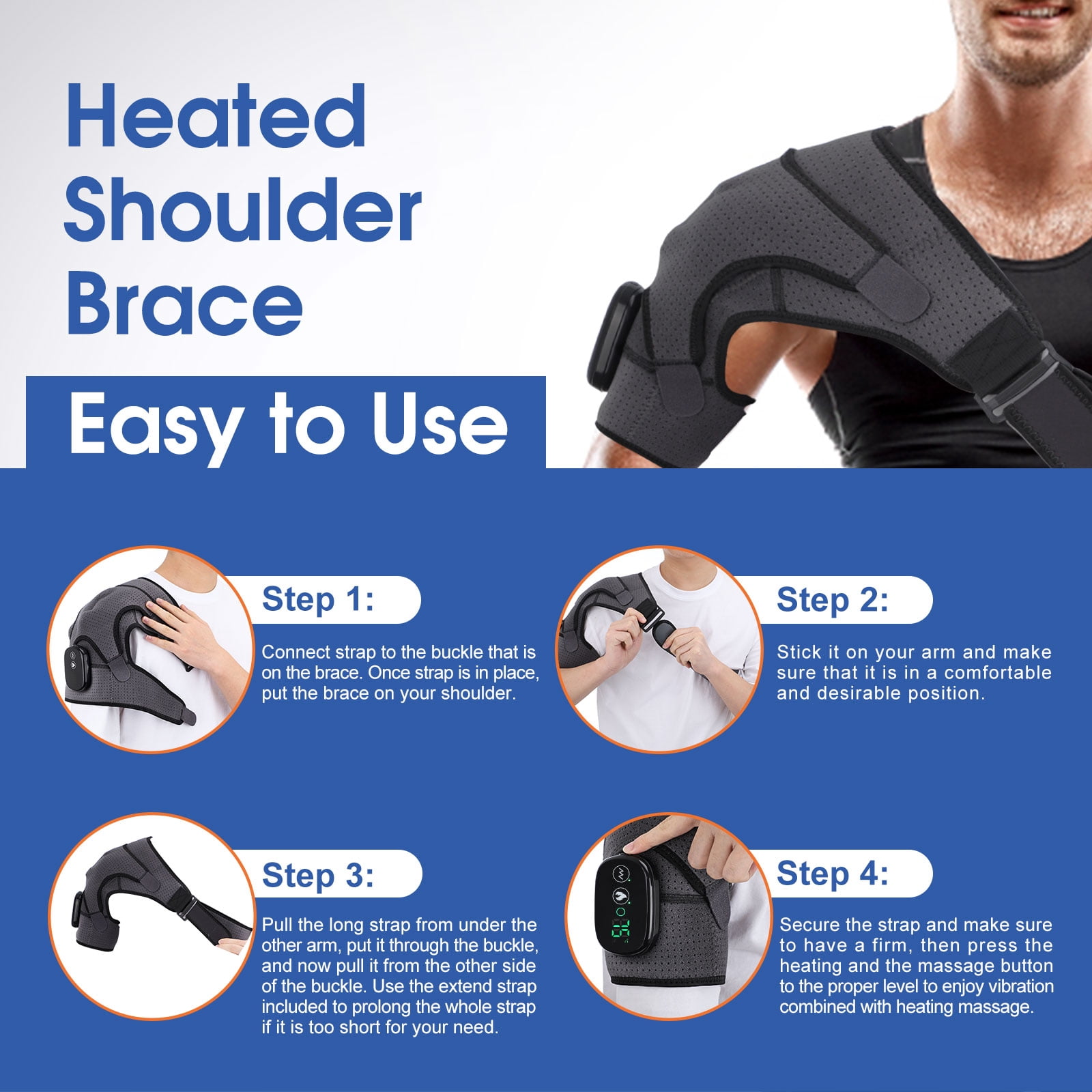 Heated Shoulder Brace Wrap,Electric Shoulder Heating Pad Massager ,Rechargeable Cordless Shoulder Massager with 3 Adjustable Vibrations for Men Women, Heated Shoulder Massage for Relax