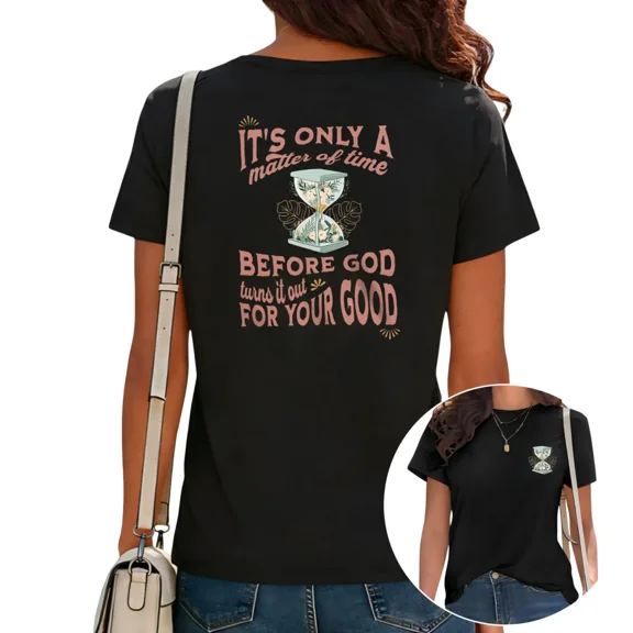UNISHE Women's It's Only A Matter Of Time Print T-Shirt Hourglass Graphic Religious Top for Daily Outfit Black, M
