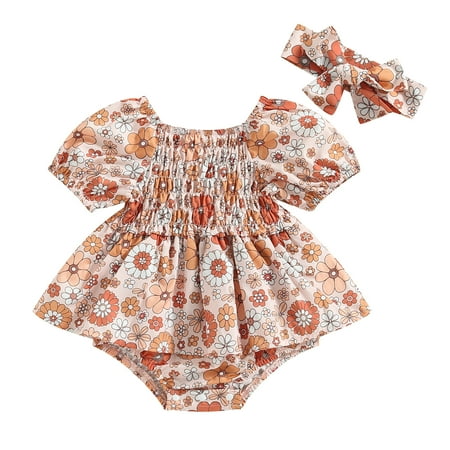 

Baby Girls Romper Set Short Sleeve Off-shoulder Pleated Flower Print A-line Dress with Headband for Toddlers 0-24 Months
