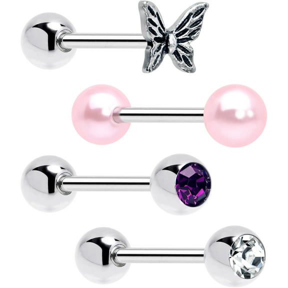 Body Candy Purple Clear CZ Gem Butterfly Pink Barbell Tongue Ring Set of 4 Acrylic for Women