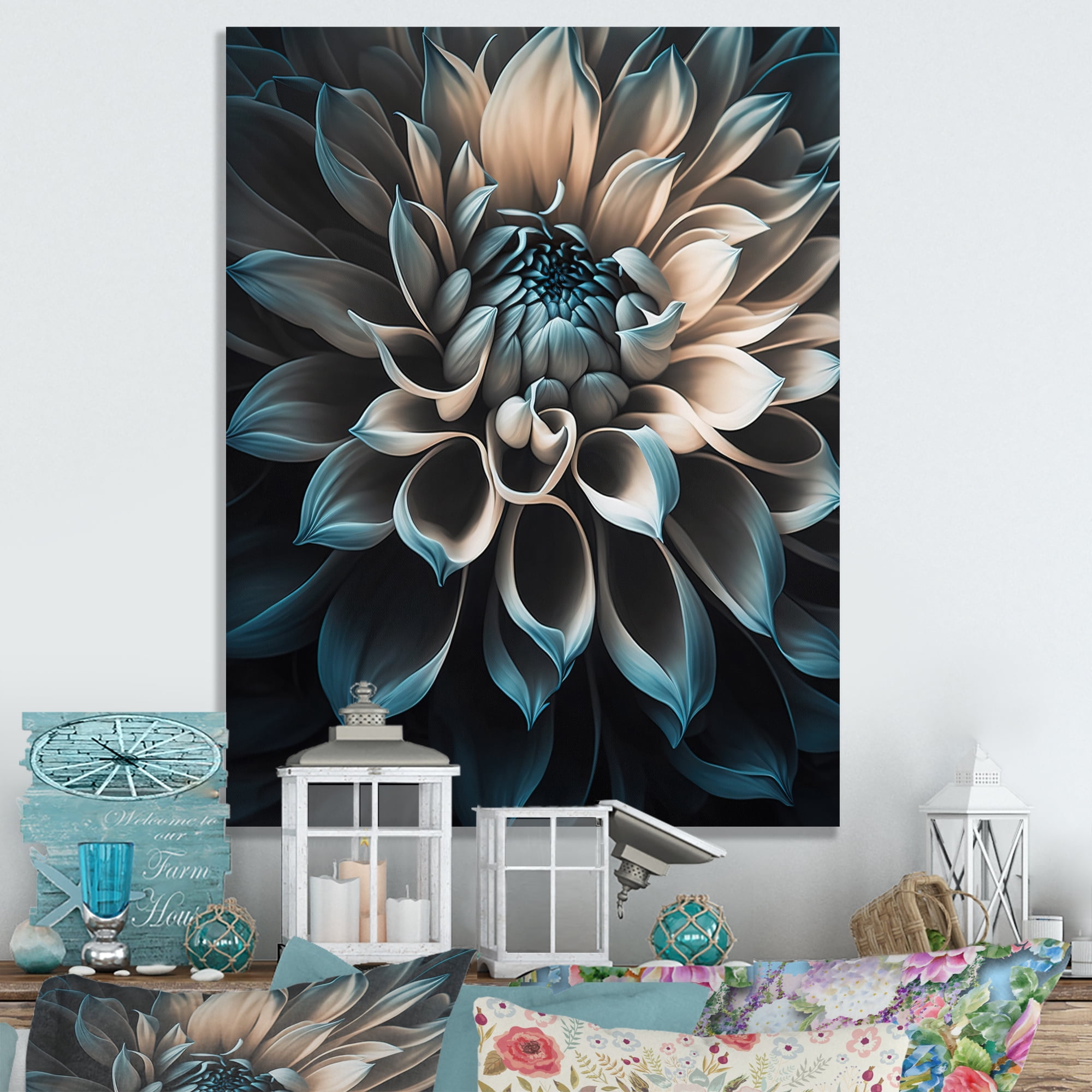 Designart Blue And White Dahlia Flowers III Canvas Wall Art