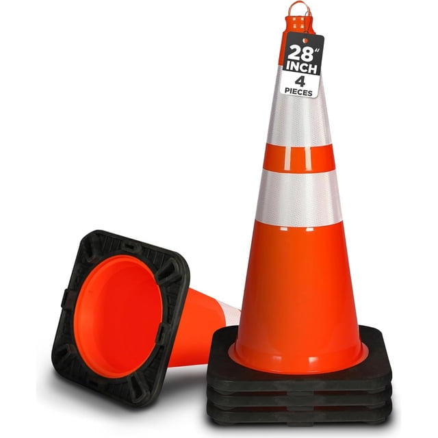Conos de Seguridad de 71 cm Pyle, Paquete de 4, Naranja, Conos de Estacionamiento con Collares Reflectantes, Construcción Apilable de PVC para Trabajo en Carreteras, Entrenamiento y Eventos