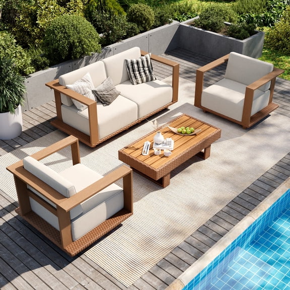 Sophia & William 5 Pieces HDPE Patio Furniture Set with Wide Wicker Iron Seat & Thick Cushions, Brown & Beige