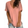 thumbnail image 2 of Liher Women V Neck Short Sleeve T-Shirt Casual Loose Summer Tops Rolled Sleeve Side Split Hem Tunic Tops Shirts Pink S, 2 of 3