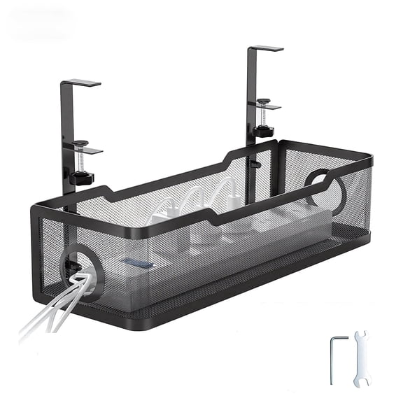 Behome Under Desk Cable Management, Metal Mesh Cord Organizer Under Desk with Clamp Mount, Metal Cable Organizer for Home Office, Black