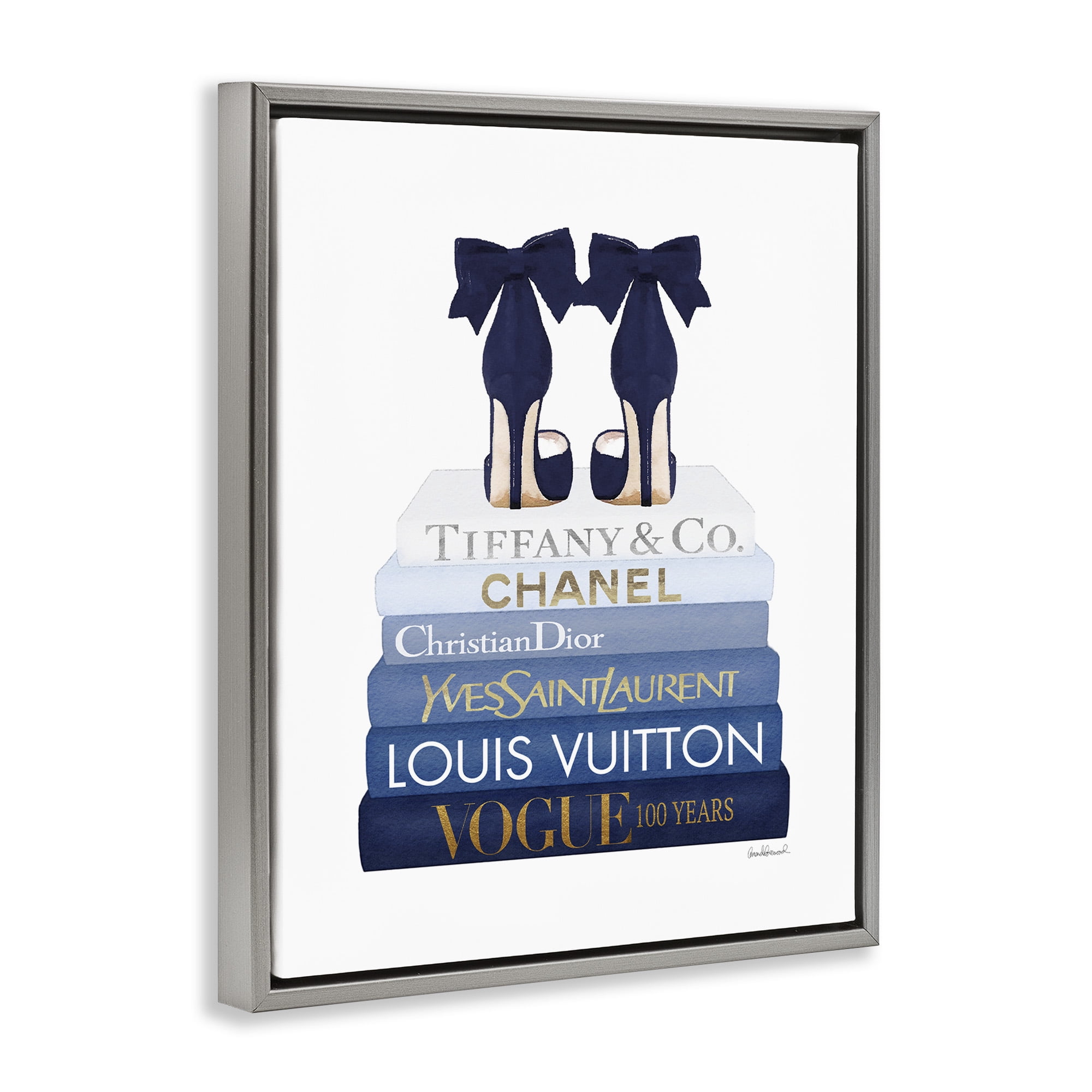 Stupell Industries Navy Blue Heels Chic Bookstack Beauty & Fashion Painting Gray Floater Framed Canvas Art Print Wall Art, 17 x 21