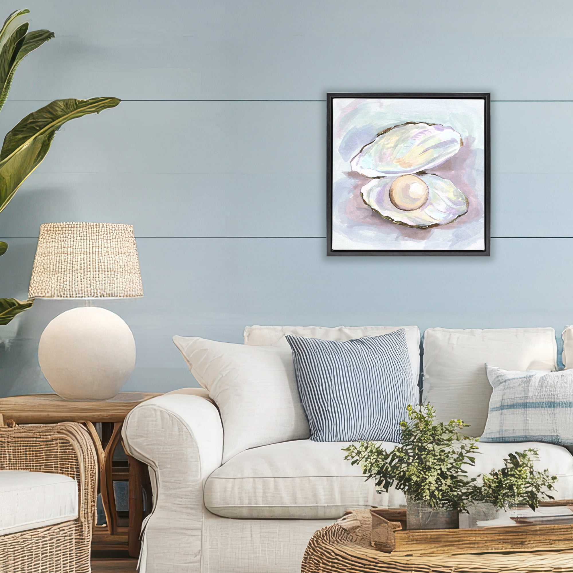 Stupell Industries Silent Opal Clam Pearl Black Framed Floater Canvas Wall Art, design by Melissa Wang