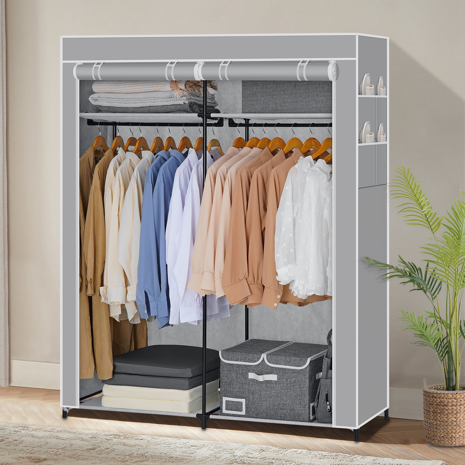 Free Shipping HONEIER Portable Closet Wardrobe Closet Organizer with Cover Closet Storage Organizer with 2 Hanging Rods and 4 Shelves Clothes Storage Quick and Easy Assembly 55 x 17 x 68 Inches Walmar...