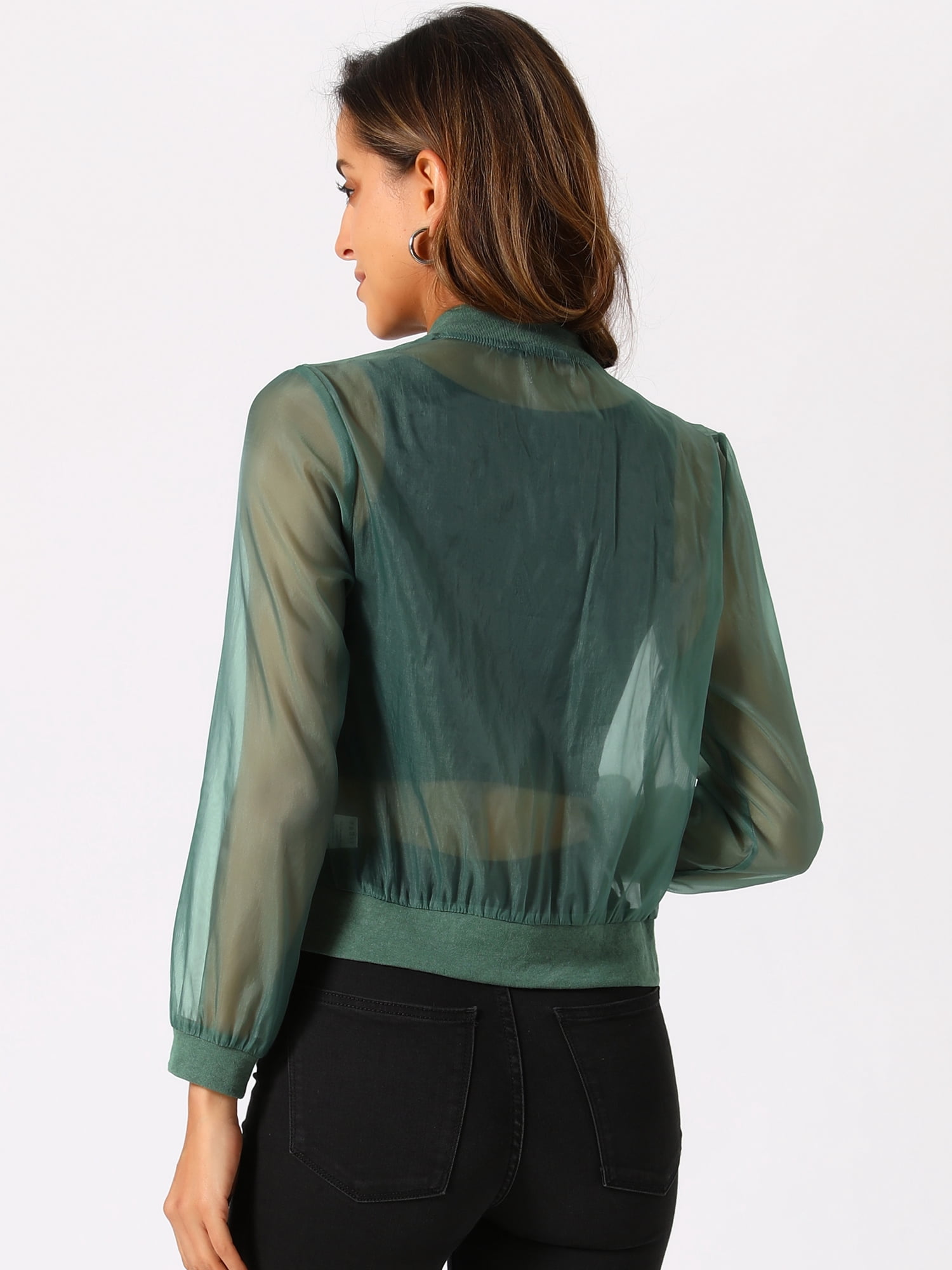 DARING DIVA Mesh Sheer See Through Long Sleeve Zip Up Bomber Jacket S Green