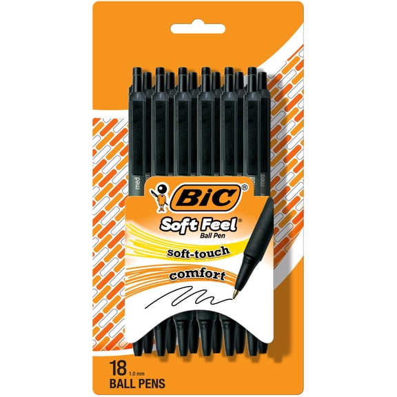 BIC Soft Feel Black Retractable Ballpoint Pens, Medium Point (1.0mm), 18-Count Pack, Black Pens