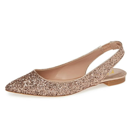 YDN Women Sexy Pointed Toe Elastic Strap Slingback Sandals Low Heel Slip On Flats Shoes Party Shopping Dress Size 5.5 Glitter Gold