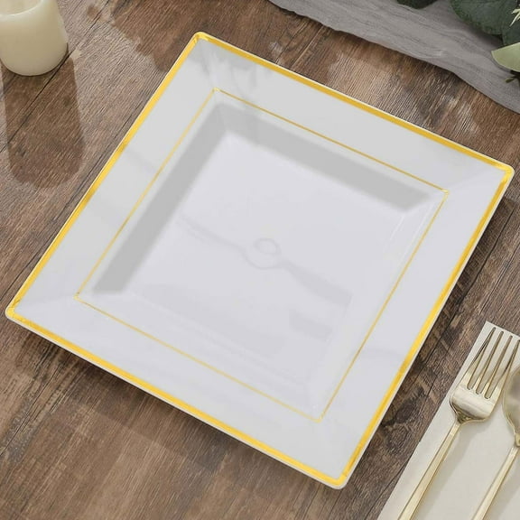 Efavormart 20 Pack - 10" Gold Trim White Square Plastic Disposable Dinner Plates