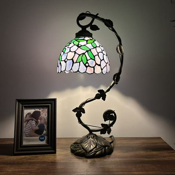Tiffany Table Lamp Purple Stained Glass Green Leaves Iron Metal Leaves Bronze Base For Living Room Dining room Bedroom Bedside Office Hotel 21"H