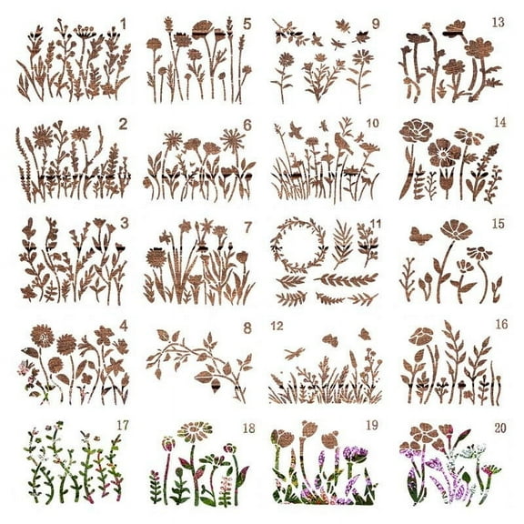 Flower Painting Stencil Set 20 Pieces Reusable Diy Art Templates For Craft Projects Home Decor 15X12X0.3Cm