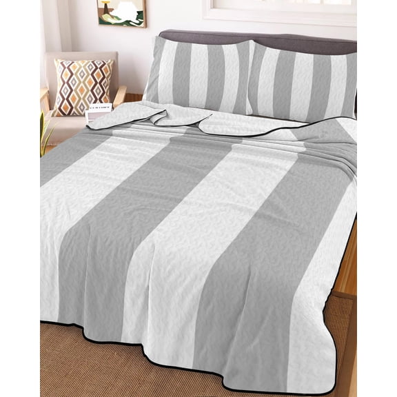 Twin Quilt Bedding Set, Gray White Stripe Lightweight Coverlet Summer Comforter Set Soft Microfiber Bedspread, Modern Minimalist Style 3 Piece Quilt Set with 2 Pillow Shams