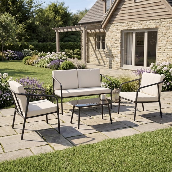Sala Exterior Para Jardín Terraza 4 Piezas Con Mesa De Vidrio beige