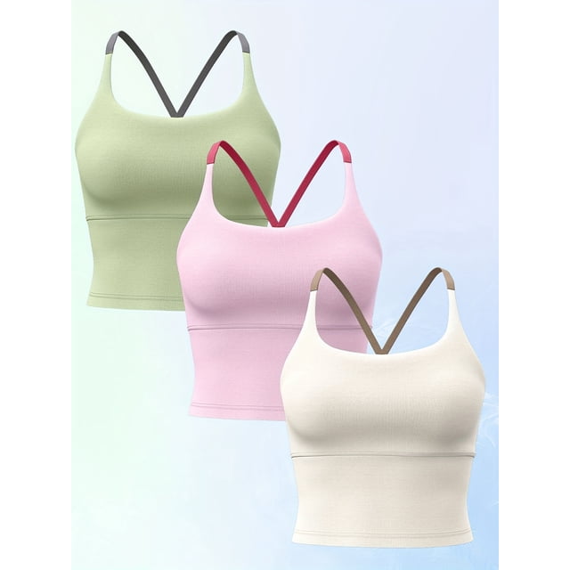 PISONIC 3pcs Women's Sports Bras with Built-In Padded Support - Medium-Stretch Fabric, Solid Color Design for Running, Cycling, Gym & Workouts - Workout Essentials, Sleek Sports Bra