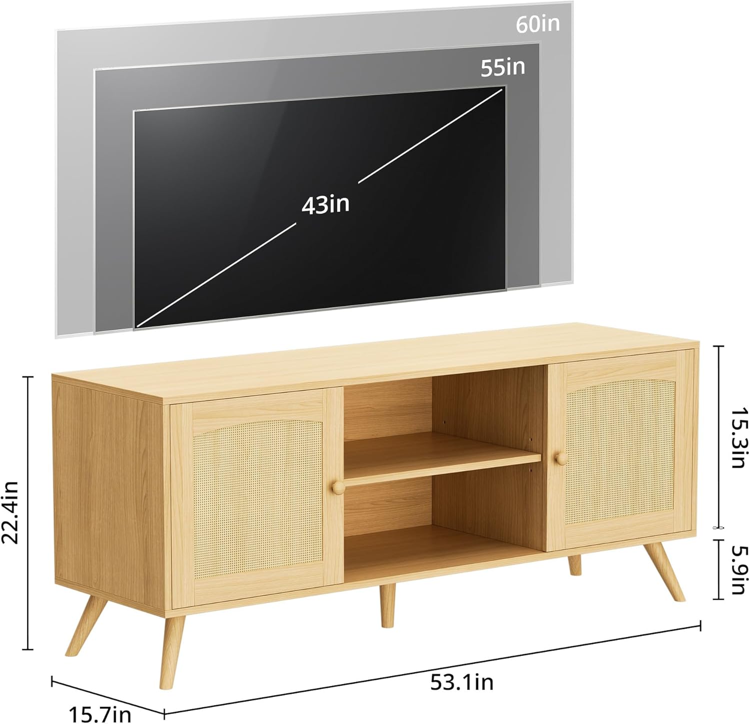 DIYART Oak Rattan TV Stand for 60 Inch TV, Wooden Mid Century Modern Entertainment Center with Natural Rattan Door, Boho Media TV Console for Living Room