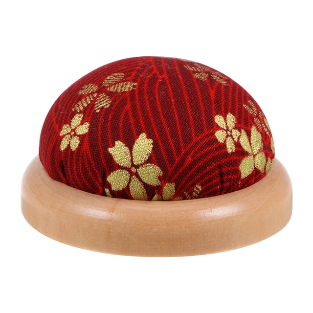 Unique Bargains Coussin à Épingles Base en Bois Style Japonais Coussin Rond, Rouge Foncé