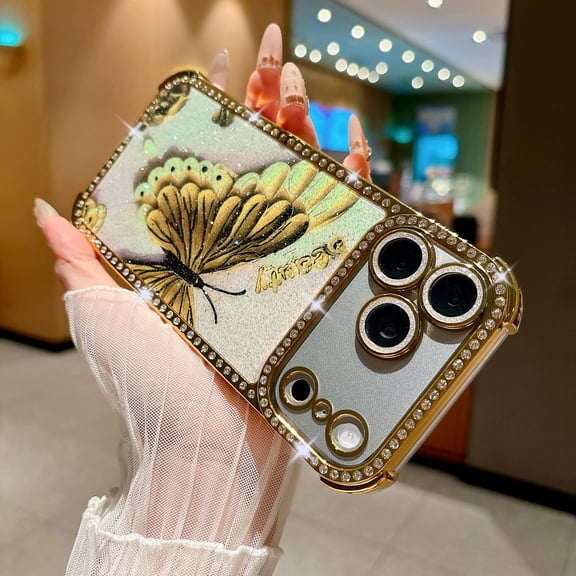 Case for iPhone 14 Pro with Lens Protector, Bling Glitter Rhinestone Butterfly Pattern, TPU Plating Protective Anti-Scratch Lightweight Fashion Phone Case for Girls & Women, Gold