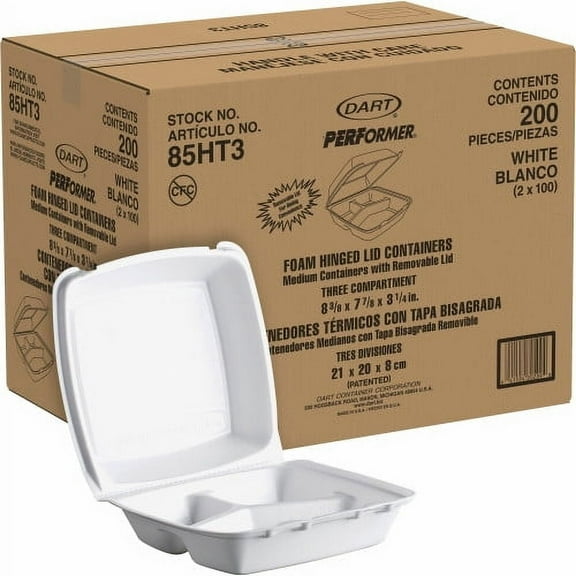 Dart Insulated Foam Hinged Lid Containers, 3-Compartment. 7.9 x 8.4 x 3.3, White, 200/Carton, Each