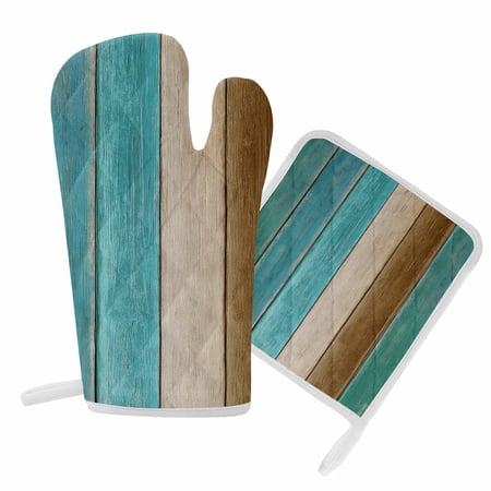 Oven Mitts and Pot Holder Set for Kitchen Teal Blue Wood Grain Kitchen Oven Gloves Heat Resistance Non-Slip Surface Potholders Brown Wooden Plank Hot Pads Sets for Cooking Baking Grilling BBQ
