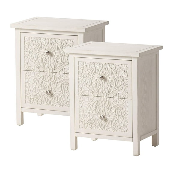 COZAYH Farmhouse 2 Drawer Bedroom Nightstand with Embossed Flower Motif, White, Set of 2
