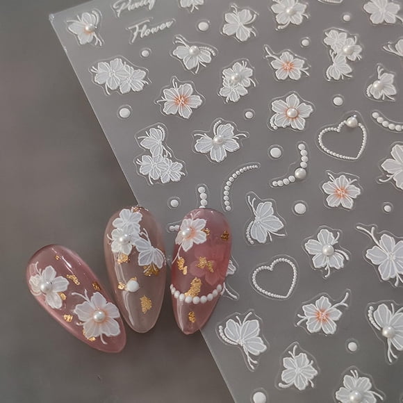 HPYFOI Hoja de stickers para uñas con flores blancas en relieve 5D