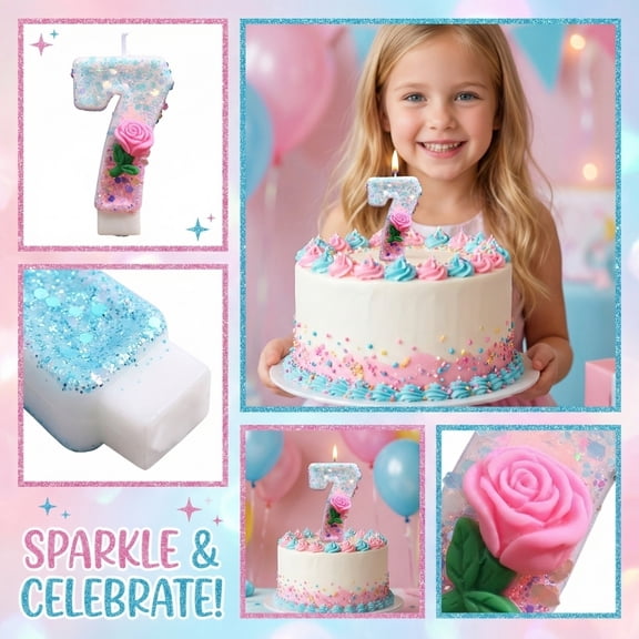 Candle Birthday Number 7, Blue Birthday Decorations, 3 in Floral Cake Topper, Pink Rose Detail, Glitter Confetti, Seventh Birthday Party, Birthday Cake Decorations, Numbered