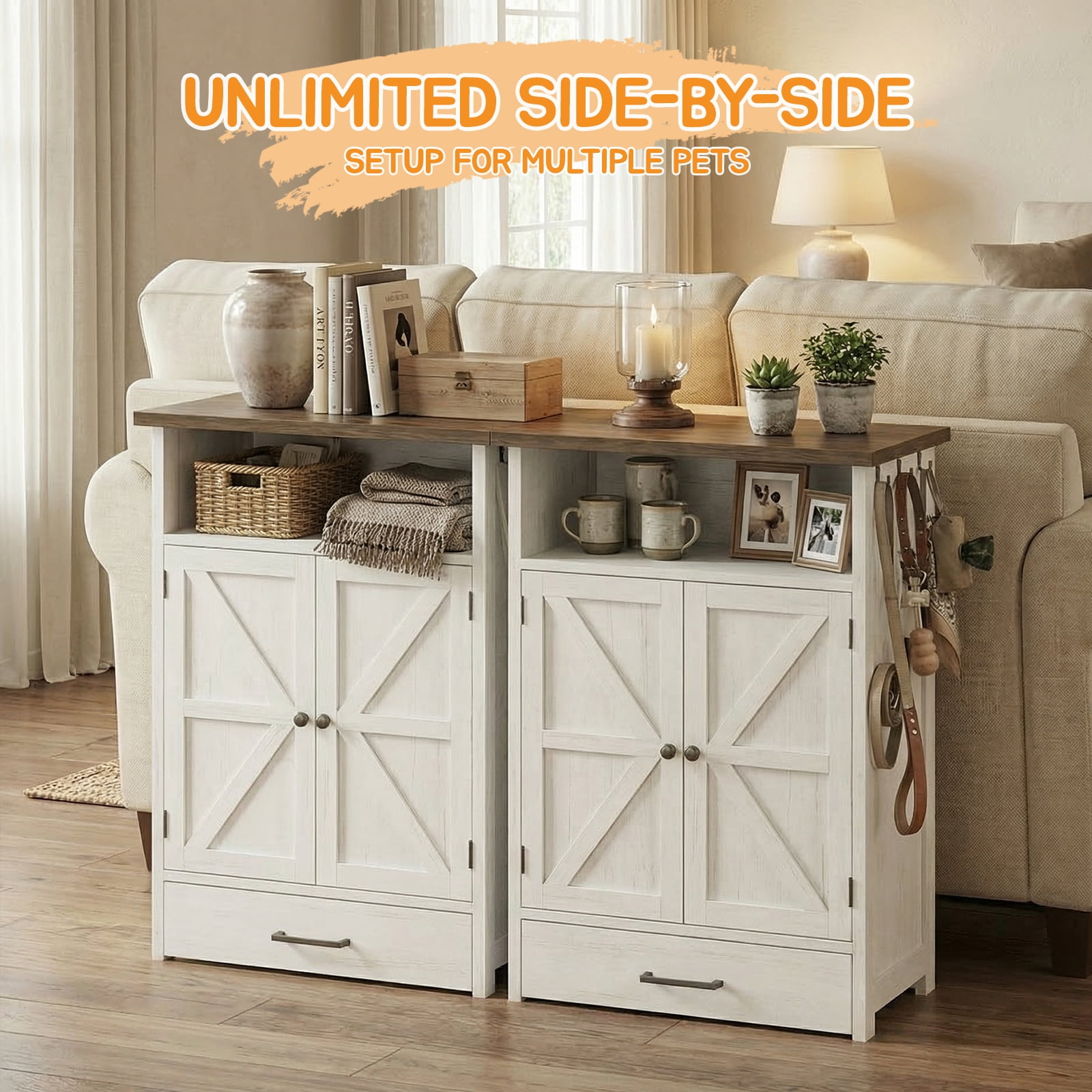 Dog Feeding Station with Storage Cabinet, Pet Feeder Station Cabinet with 3 Side Hooks, Raised 2 Elevated Dog Bowls & Hidden Pull-Out Drawer
