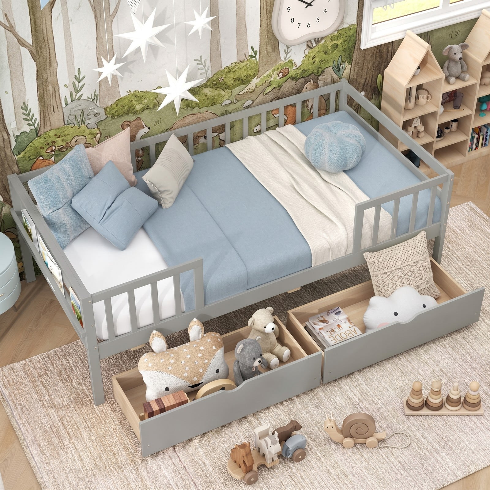 Furnibear Twin Wood Daybed with Full Fence Rails and 2 Pull-Out Storage Drawers for Kids Bedroom and Toddler Play Room, Gray