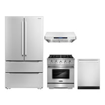 Cosmo 4 Piece Kitchen Appliance Package with 30" Freestanding Gas Range 30" Under Cabinet Range Hood 24" Built-in Integrated Dishwasher & French Door Refrigerator Kitchen Appliance Bundles