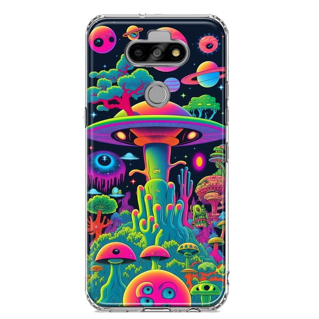 MUNDAZE LG Aristo 5/Phoenix 5/Risio 4 Shockproof Clear Hybrid Protective Phone Case Neon Psychedelic UFO Alien Planet Cover