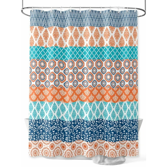Geometric Bohemia Shower Curtain, Stripes Orange Turquoise and Blue Waterproof Shower Curtain Set with 12 Hooks Lightweight Washable Fabric Shower Curtains for Bathroom 60x72 Inches