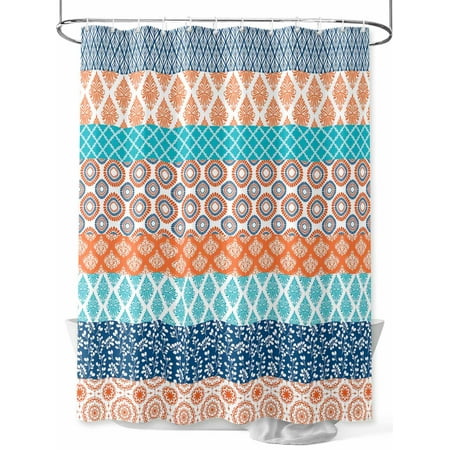 Shower Curtain Boho Bathroom Curtains with Hooks, Waterproof Fabric Bohemian Geometric Stripes Blue Orange Bath Shower Curtains Set for Bathroom Bathtubs Decor 72x72 Inch