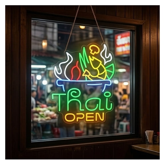 Letrero De Neón Thai Food Open, Ideal Para Decoración De Pared De Cocina Y Restaurante, Con Luz Regulable De 42cmx52cm