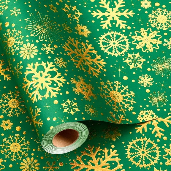 Flyhill Kraft Christmas Green Wrapping Paper,Gold Luxury Snowflake Metallic Gold Embossed Foil Gift Wrap Roll Design for Holiday, Party,Celebration, New Year (17 Inch X 32.8 Feet)