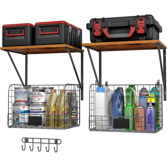 2 Pack Garage Shelves Wall Mounted with Wire Storage baskets, Heavy Duty Garage Wall Shelving with Hooks, Wooden floating shelves Tool Organizer for Home Garden Garage Organizers and Storage