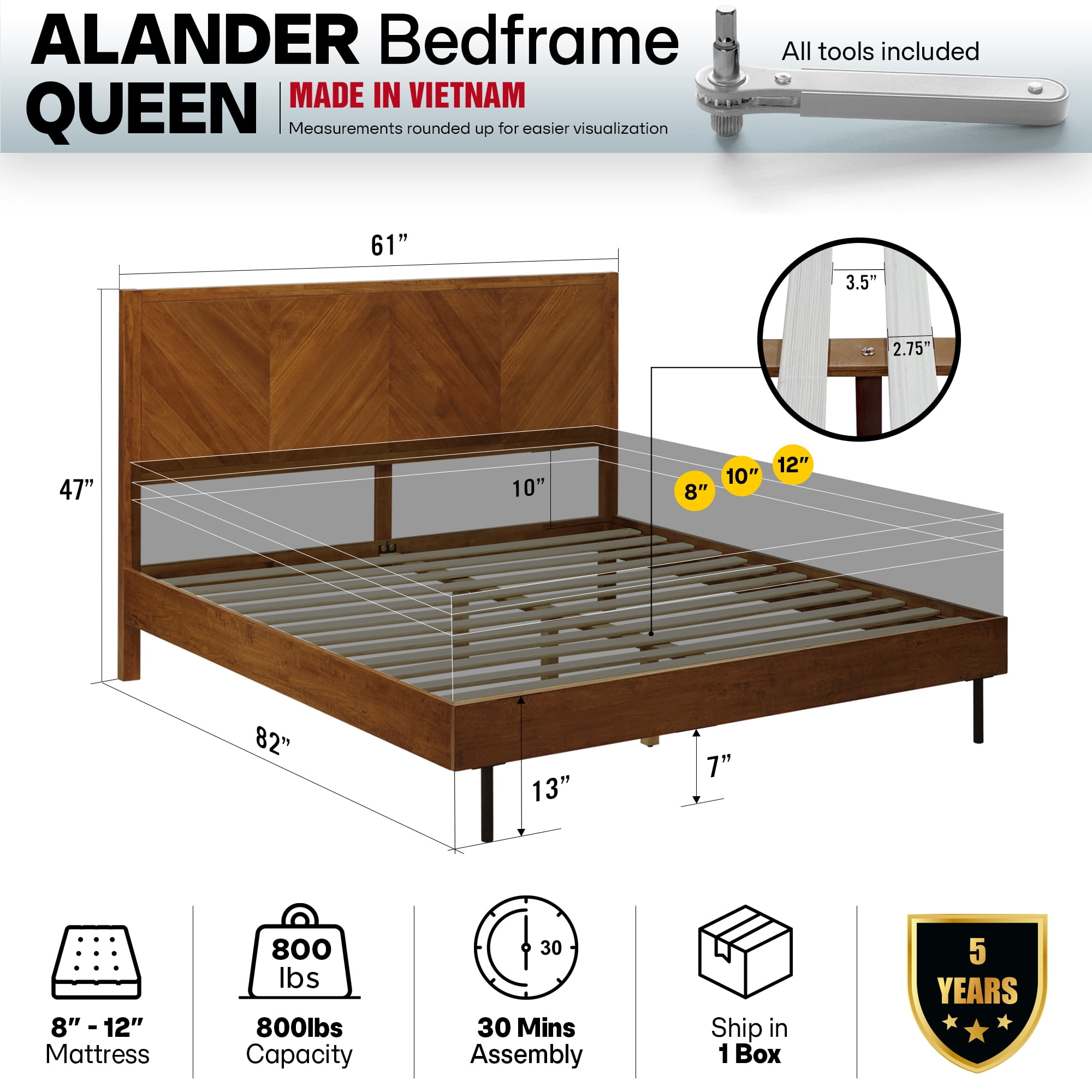 Acacia Alander Bed Frame with Headboard Bed Frame Queen Size Solid Wood Platform Bed, Scandinavian Signature High Headboard Wood Bed Compatible with All Mattress Types, 30 Mins Assembly, Walnut