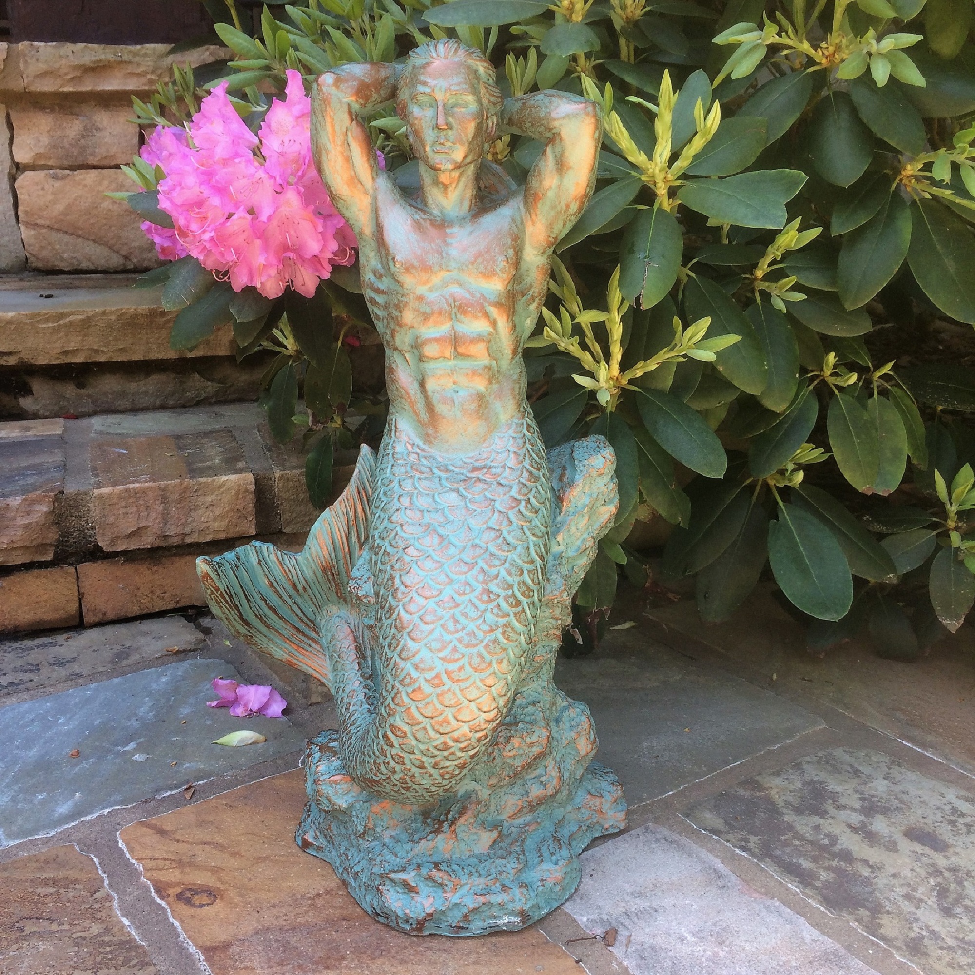 Homestyles 21"H Bronze Patina Sexy Merman Mermaid Sitting on Rock Nautical Beach Extra Large Statue